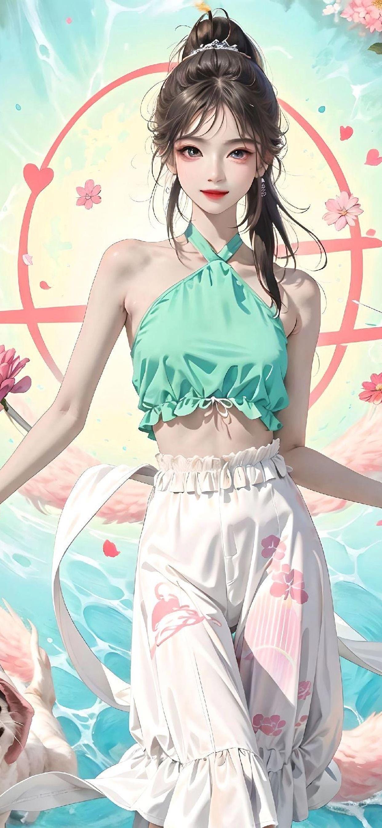 漫蛙绿色上衣人物与花卉背景