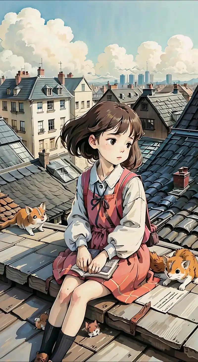 漫蛙屋顶人物与猫的场景插画